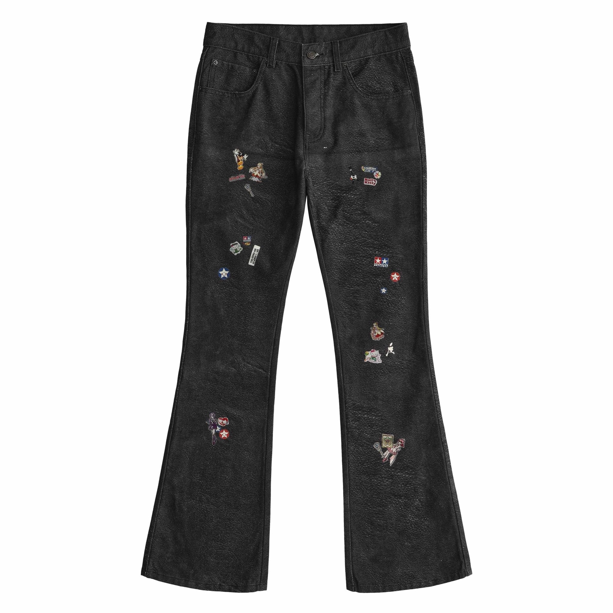 3D Printed Leather Stickers Flare Bootcut Trousers - Rick Circus