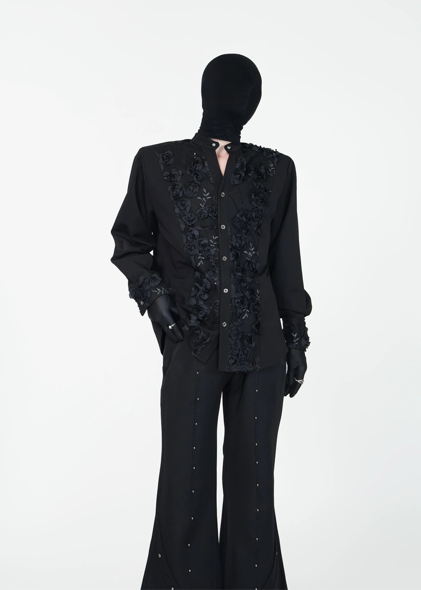 Black Rose Embossed Mandarin Collar Shirt
