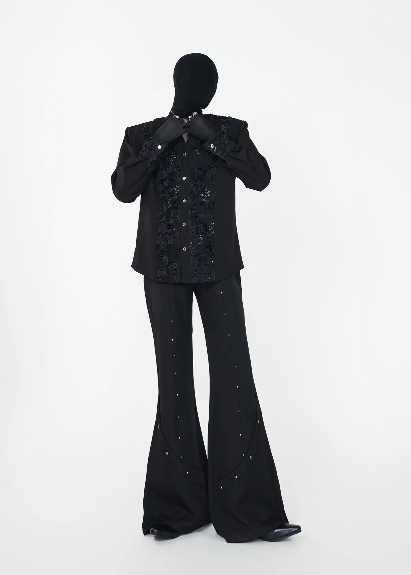 Black Rose Embossed Mandarin Collar Shirt