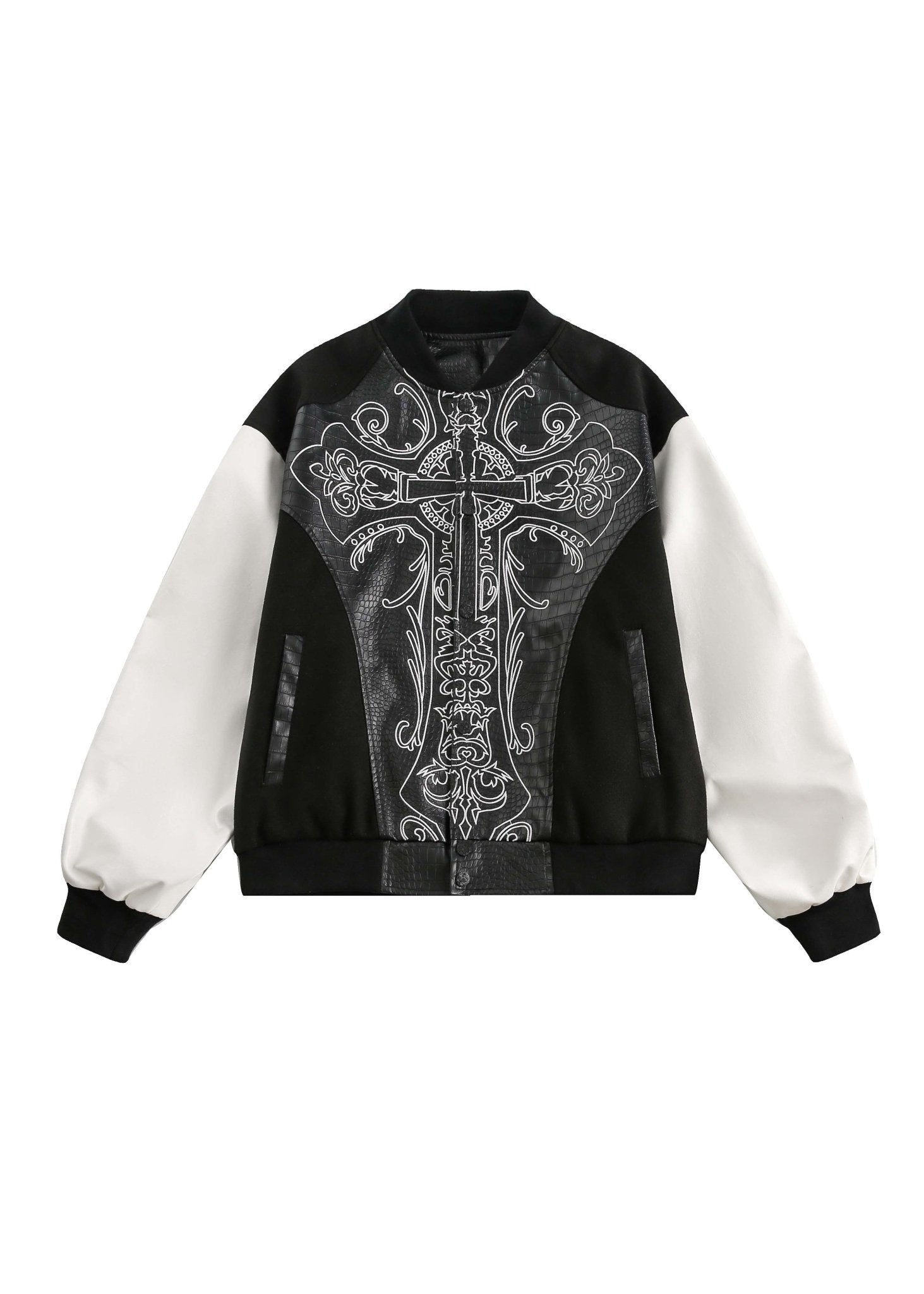Black & White Gothic Cross Varsity Jacket - Rick Circus