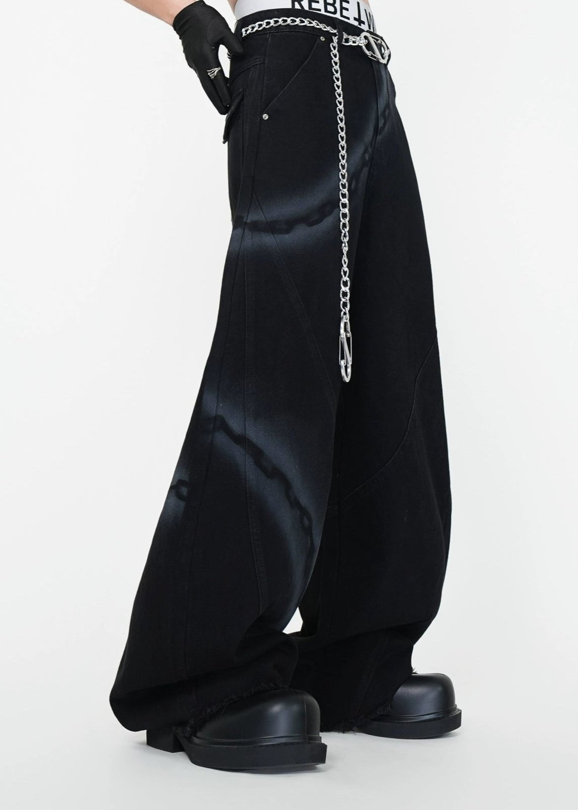 Chain Washed Graffiti Blade - Cut Wide Leg Jeans - Rick Circus