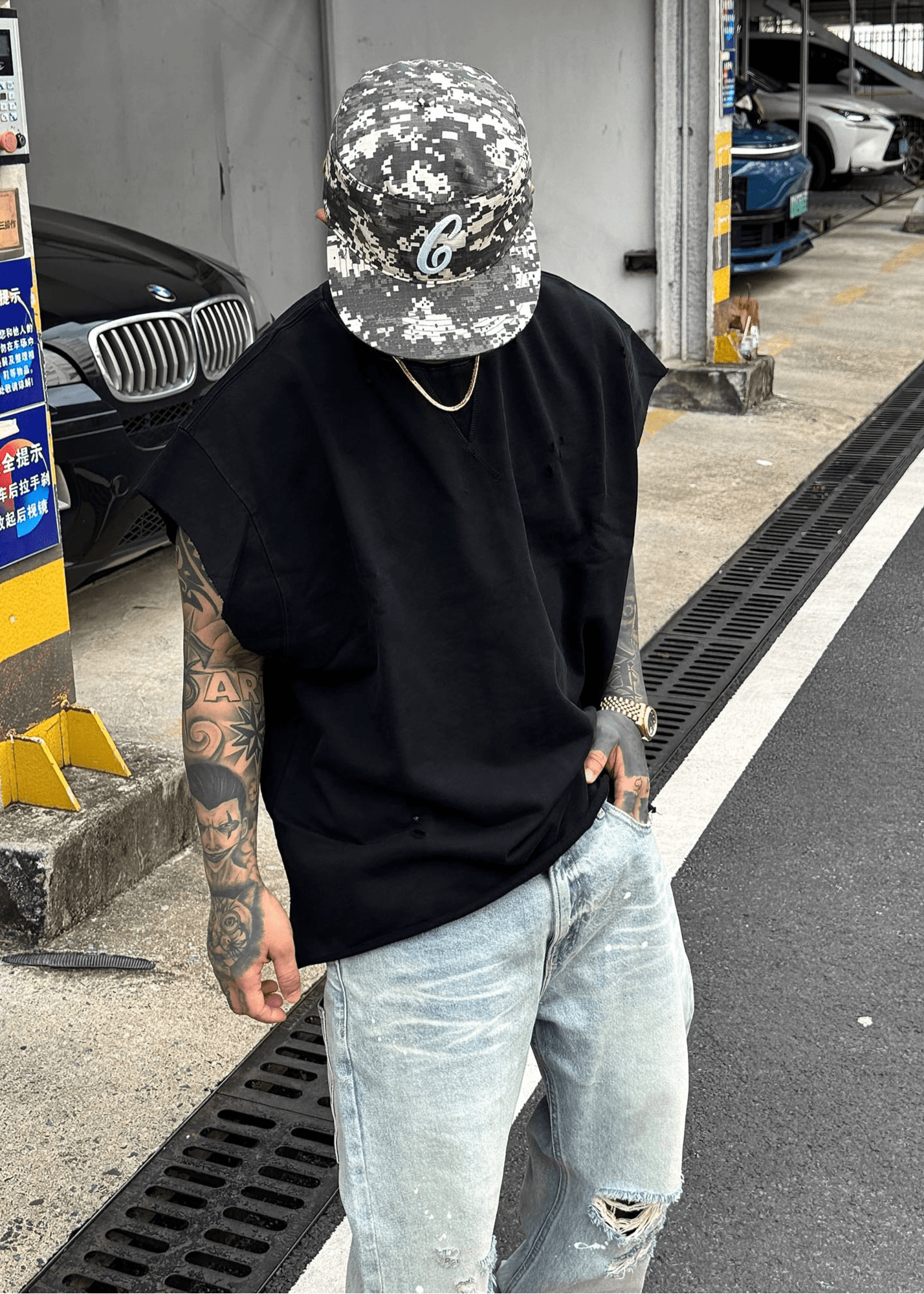 Distressed Oversized Sleeveless T-Shirt - Rick Circus