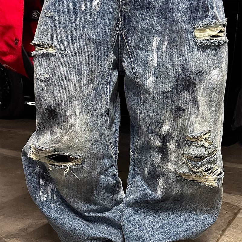 Distressed Paint - Splatter Ripped Wide - Leg Jeans - Rick Circus