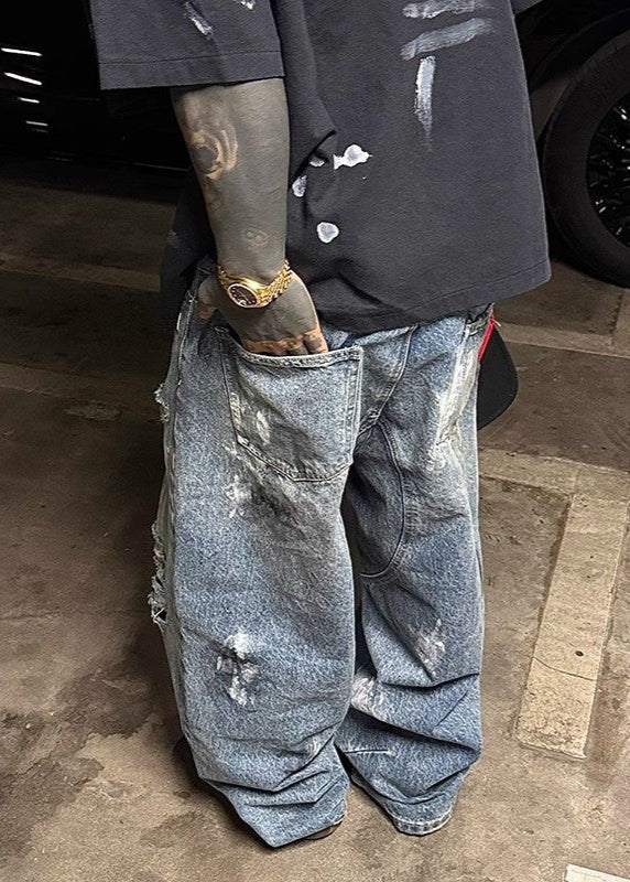 Distressed Paint - Splatter Ripped Wide - Leg Jeans - Rick Circus