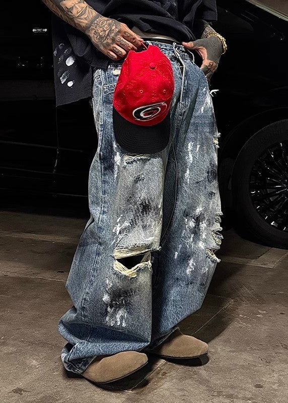 Distressed Paint - Splatter Ripped Wide - Leg Jeans - Rick Circus