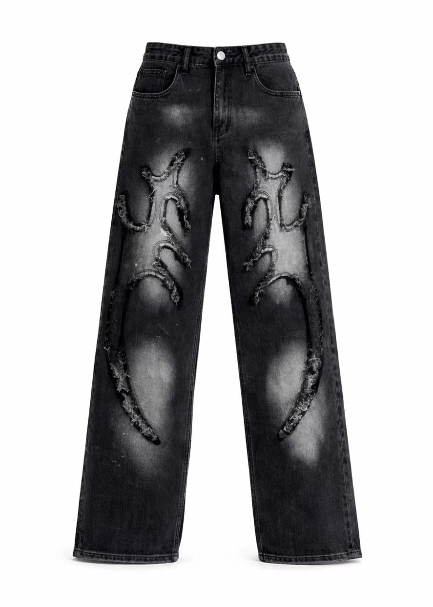 Distressed Patch Embroidery Jeans - Rick Circus