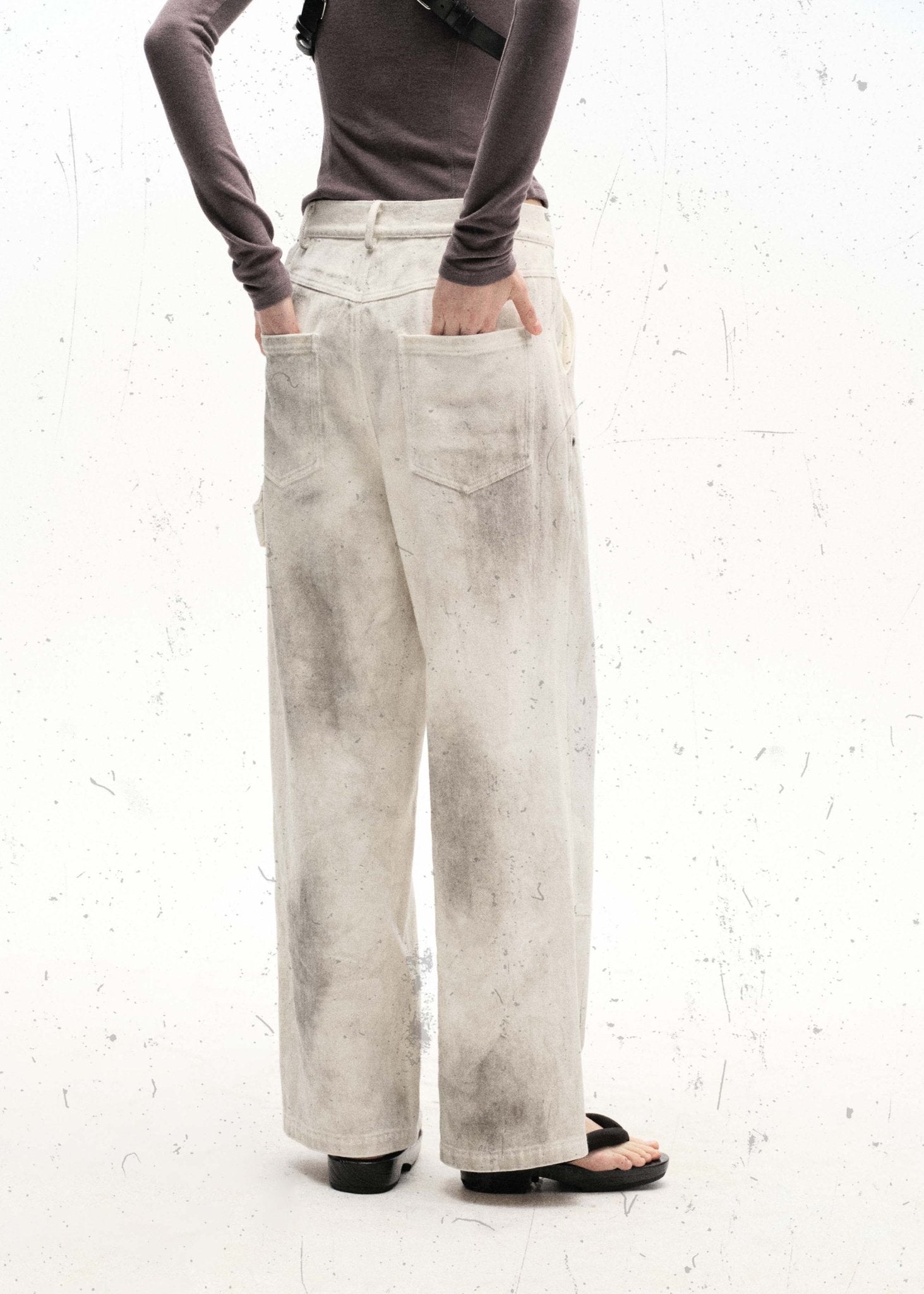 Distressed White Loose Fit Straight Leg Work Pants - Rick Circus