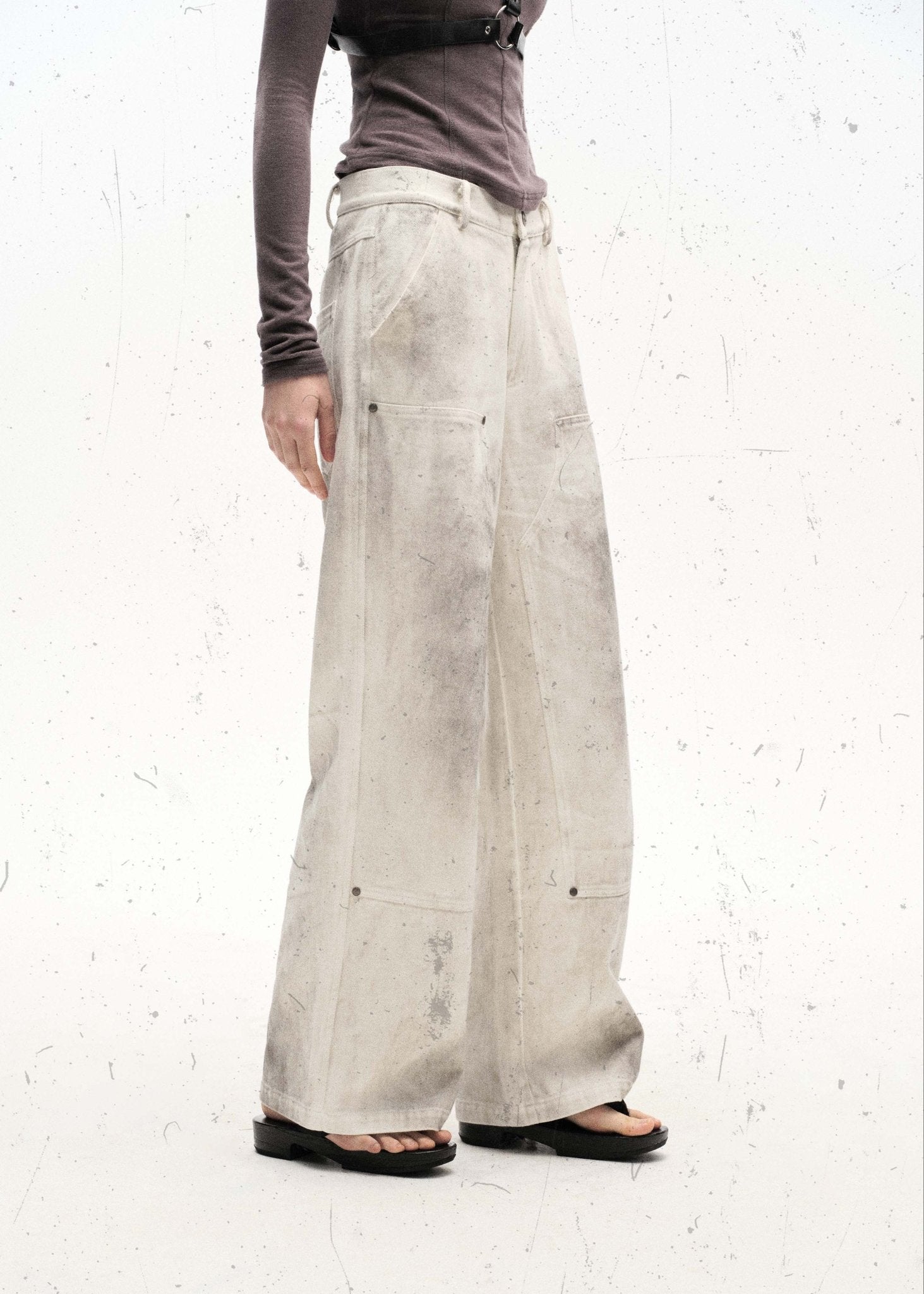 Distressed White Loose Fit Straight Leg Work Pants - Rick Circus