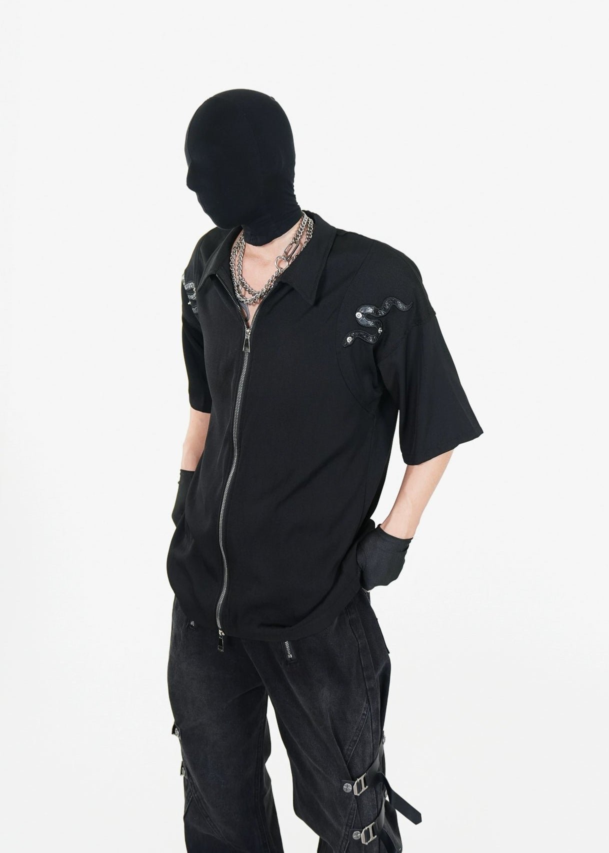 Double - Zip Snake Studded Short - Sleeve Shirt - Rick Circus