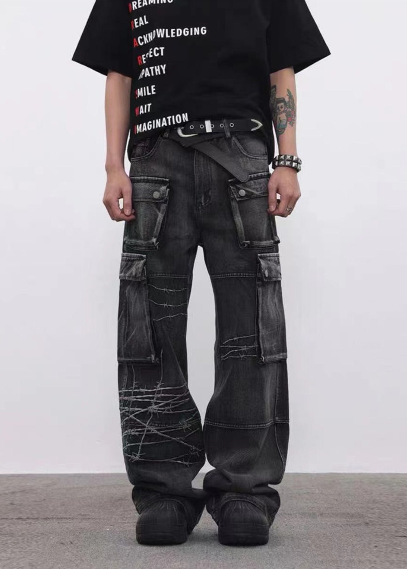 Embroidered Cargo Denim Pants - Rick Circus