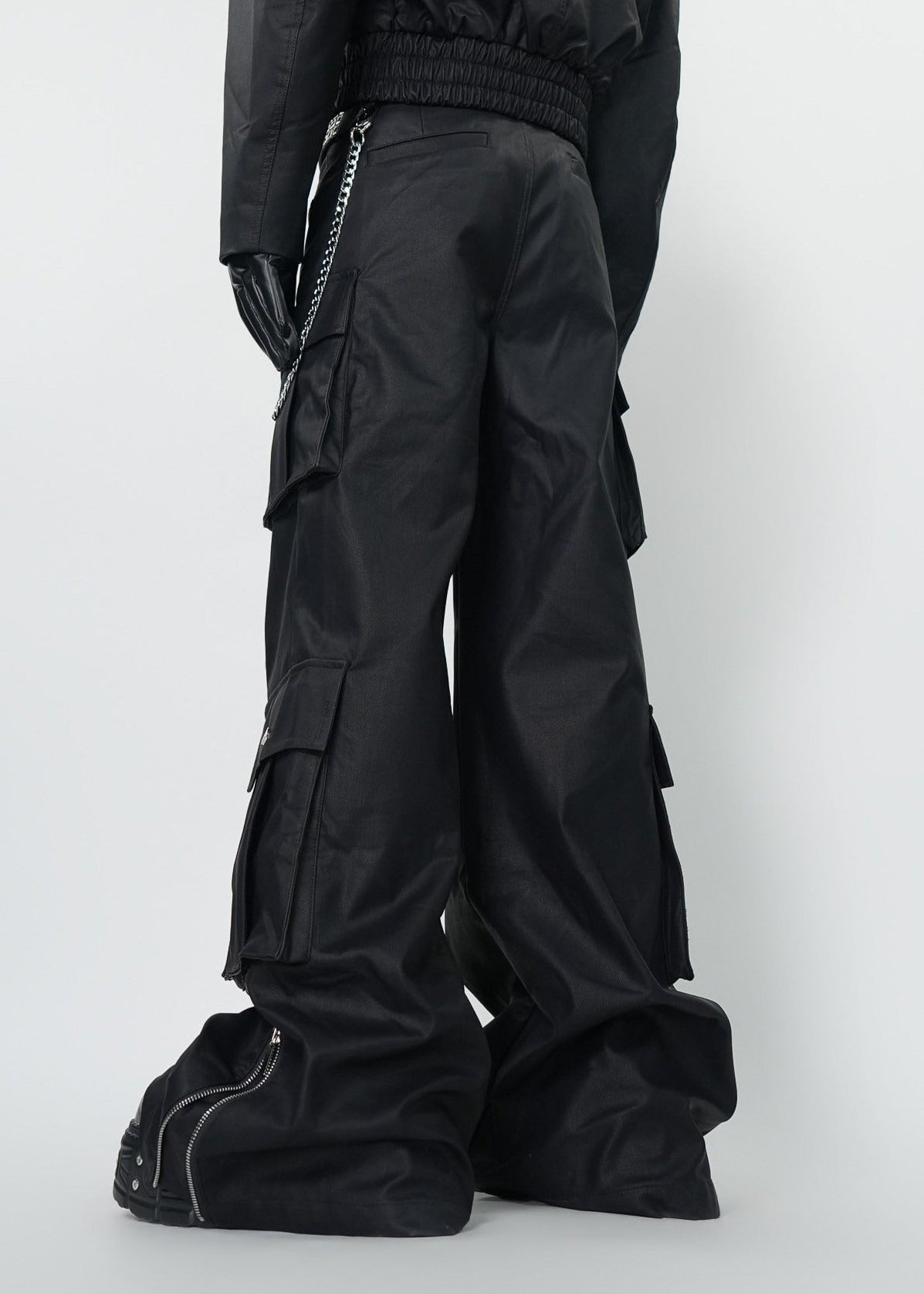 Gothic Dark Coated Multi - Pocket Wide Leg Cargo Pants - Rick Circus