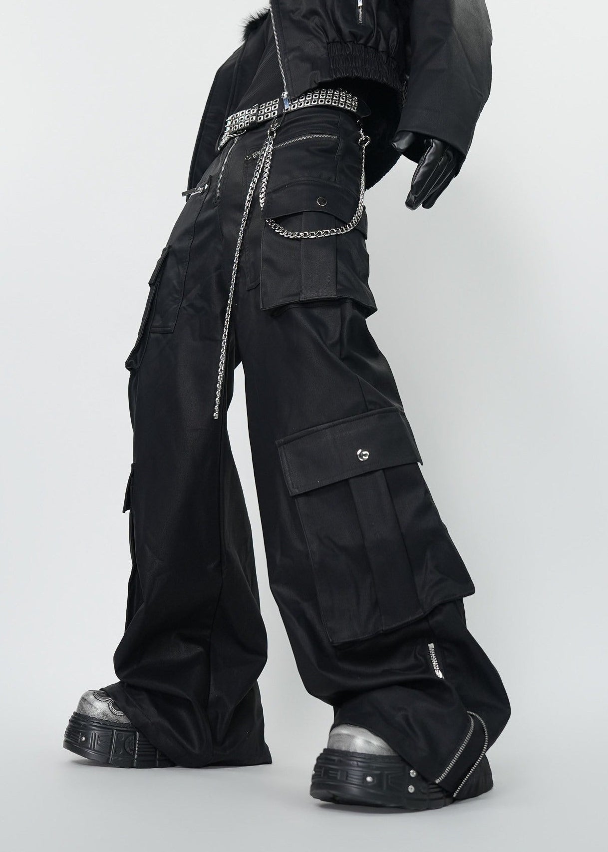 Gothic Dark Coated Multi - Pocket Wide Leg Cargo Pants - Rick Circus