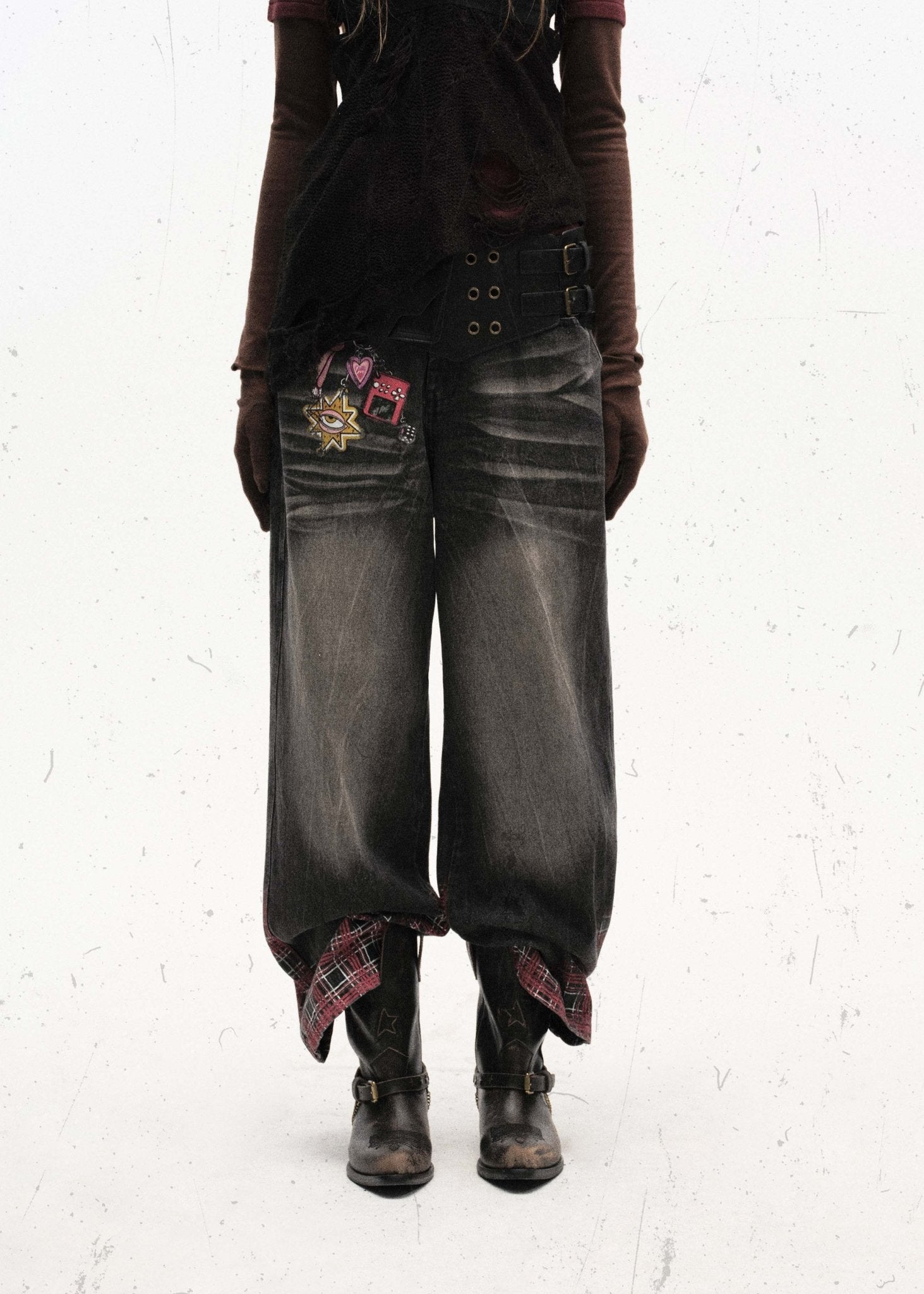 Plaid Print Washed Black Denim Jeans - Rick Circus