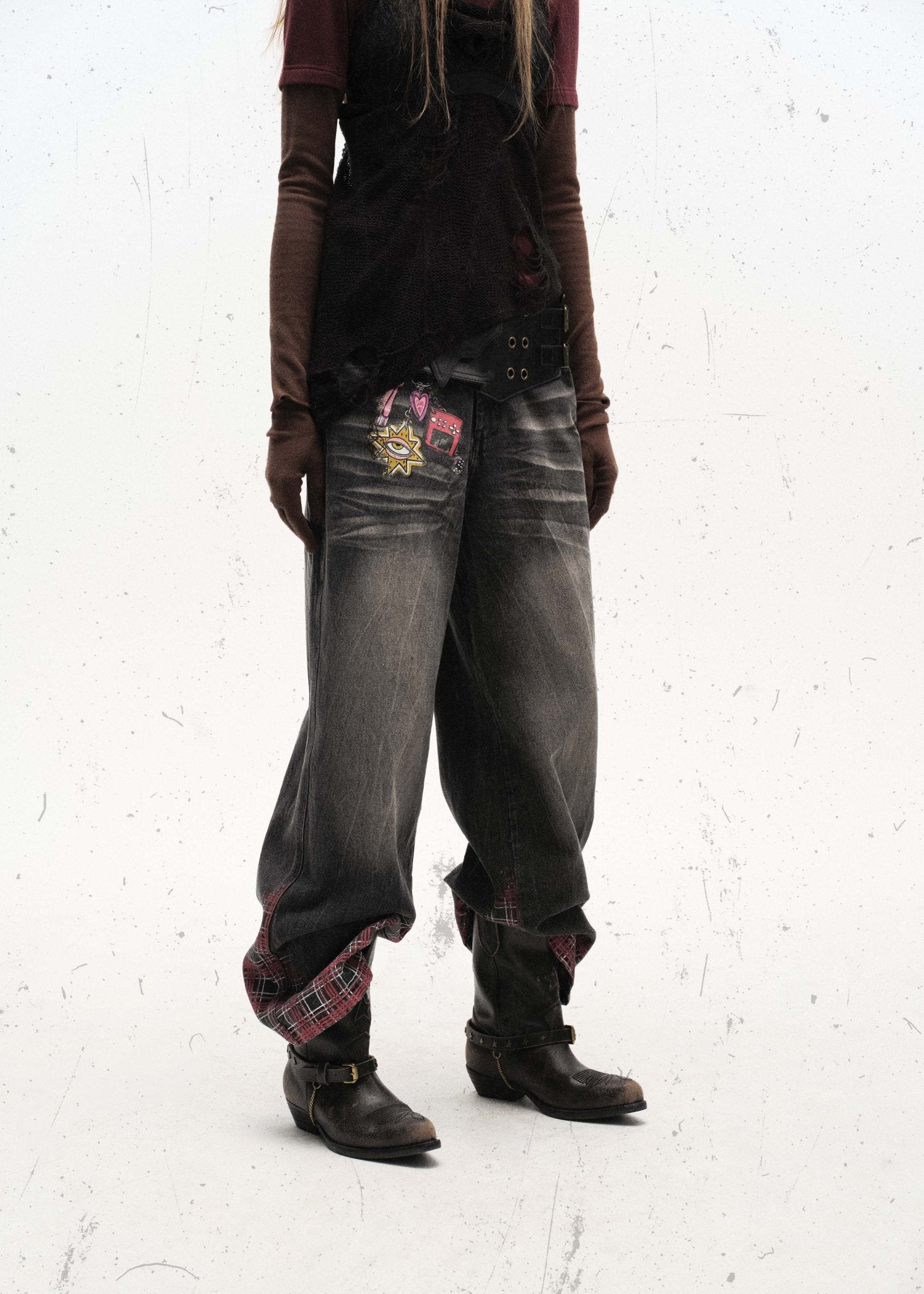 Plaid Print Washed Black Denim Jeans - Rick Circus