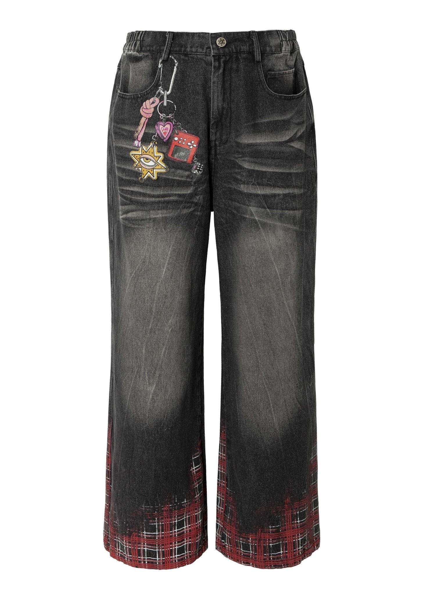 Plaid Print Washed Black Denim Jeans - Rick Circus