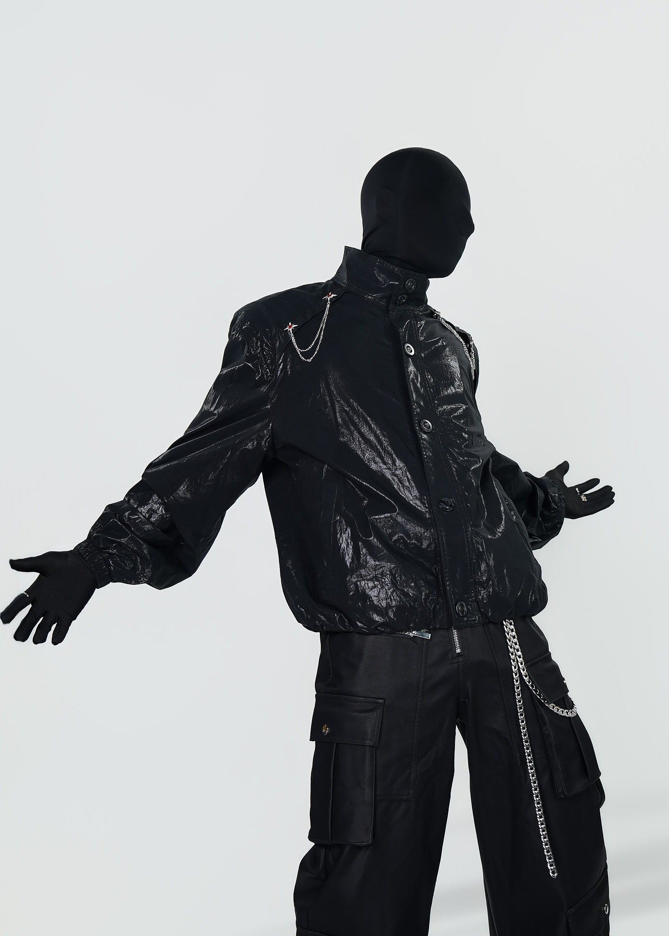 Shiny Coated Stand Collar Biker Jacket - Rick Circus