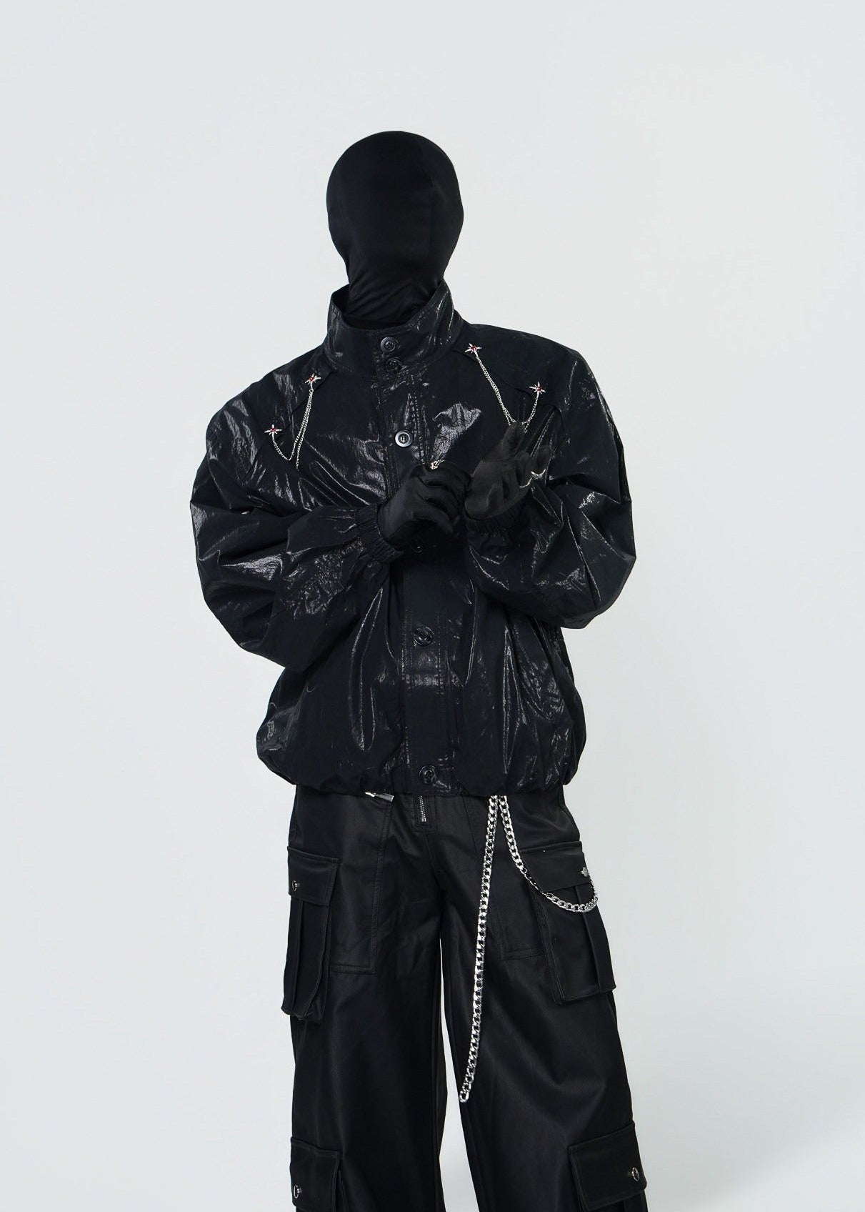 Shiny Coated Stand Collar Biker Jacket - Rick Circus