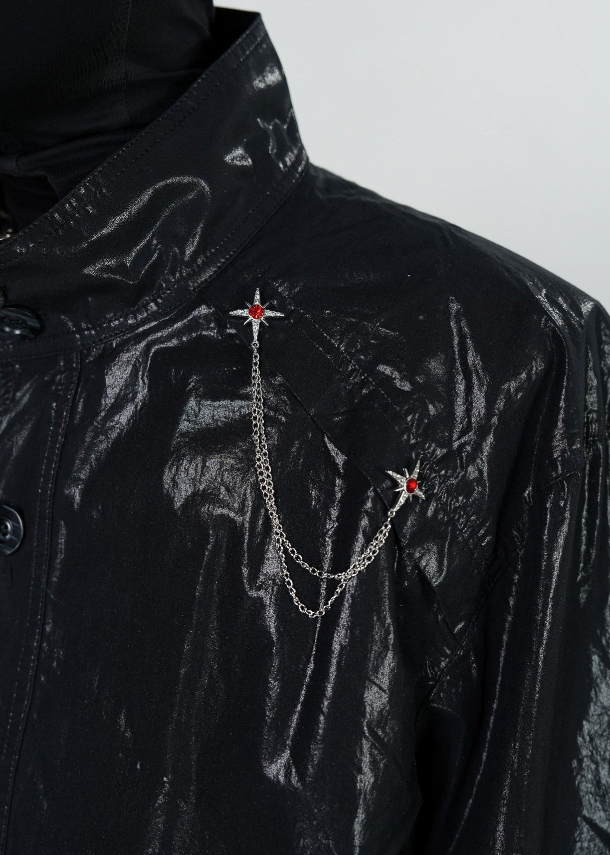 Shiny Coated Stand Collar Biker Jacket - Rick Circus