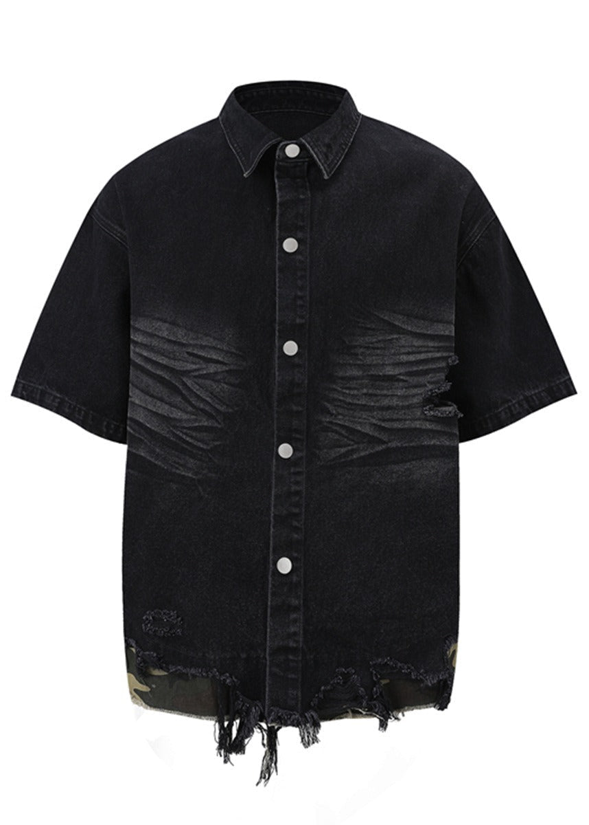 Washed Distressed Denim Short Sleeve Shirt Jacket - Rick Circus