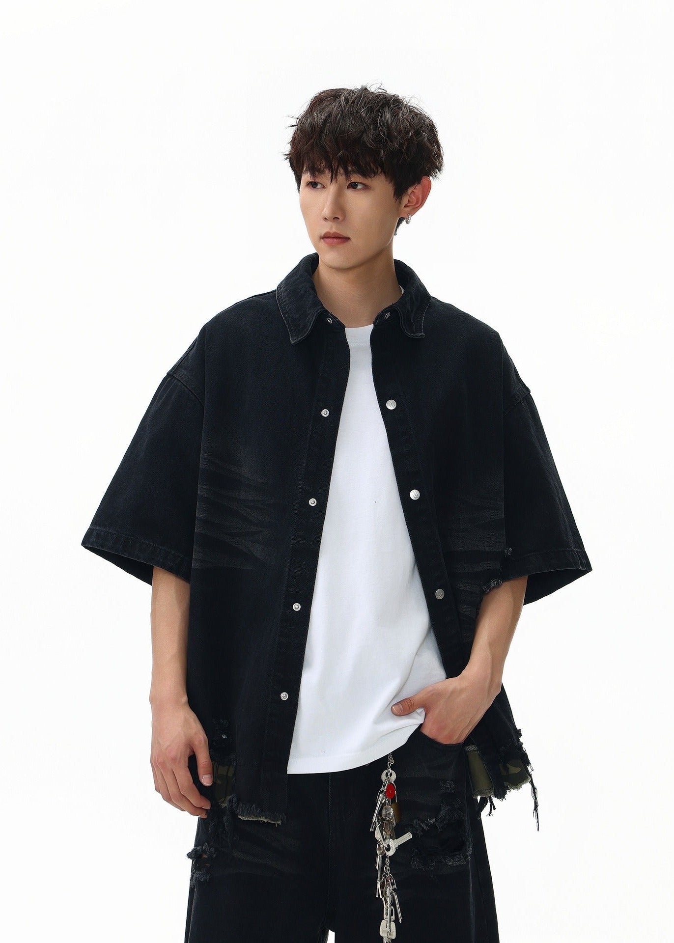 Washed Distressed Denim Short Sleeve Shirt Jacket - Rick Circus
