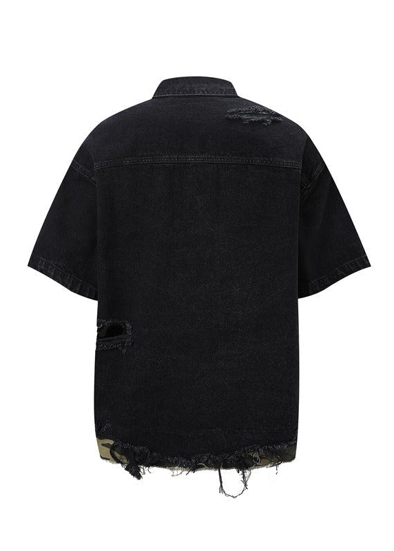 Washed Distressed Denim Short Sleeve Shirt Jacket - Rick Circus