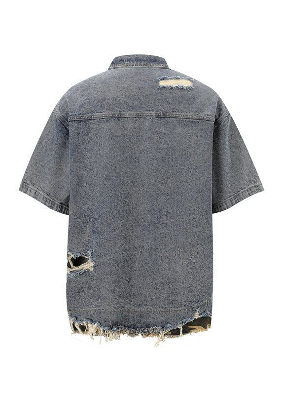 Washed Distressed Denim Short Sleeve Shirt Jacket - Rick Circus
