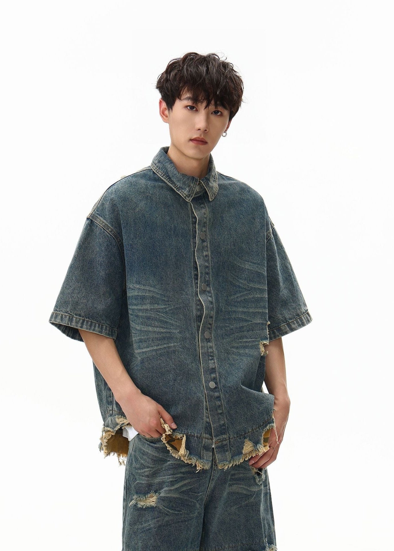 Washed Distressed Denim Short Sleeve Shirt Jacket - Rick Circus