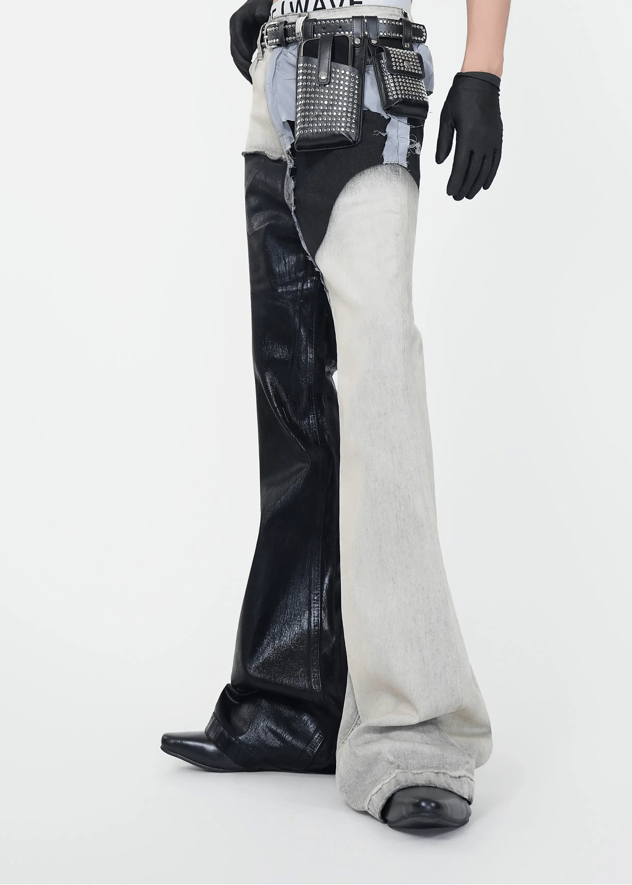 Wax - Coated Patchwork Flared Jeans - Rick Circus