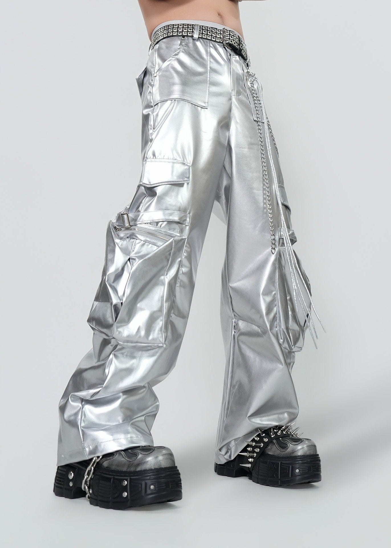 Y2K Silver Metallic Wide Leg Punk Trousers - Rick Circus
