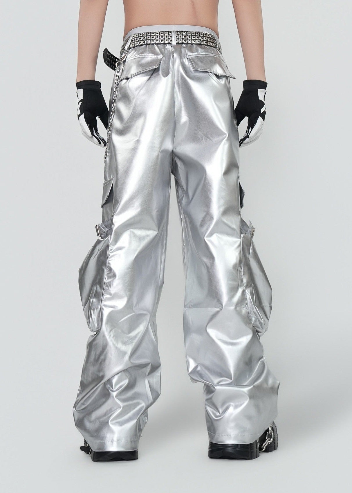 Y2K Silver Metallic Wide Leg Punk Trousers - Rick Circus