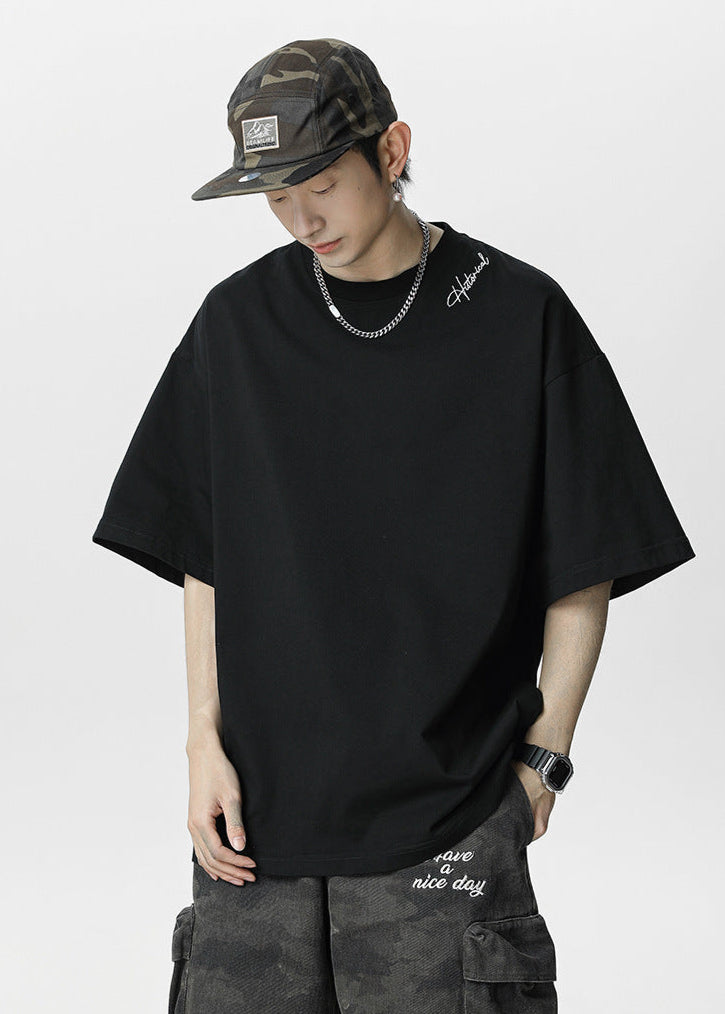 Minimalist Embroidered Oversized T-Shirt with Gratitude Back Print