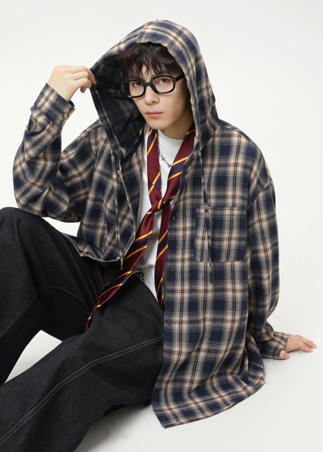 Oversized Contrast Plaid Hooded Jacket