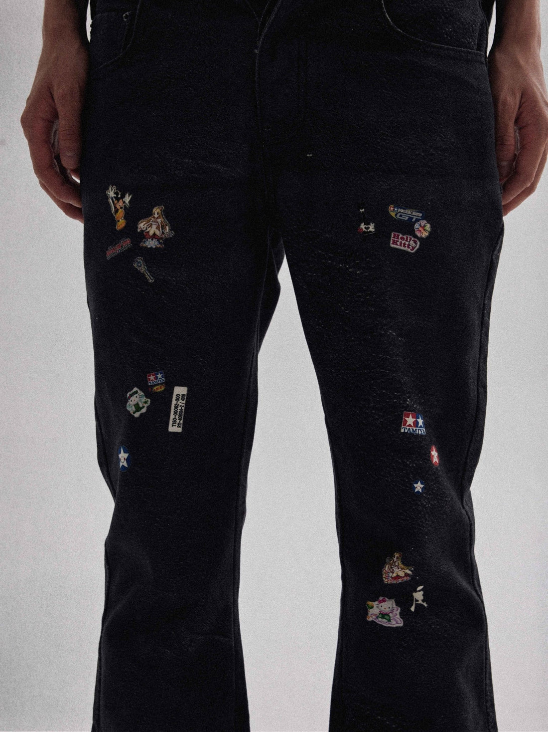 3D Printed Leather Stickers Flare Bootcut Trousers - Rick Circus