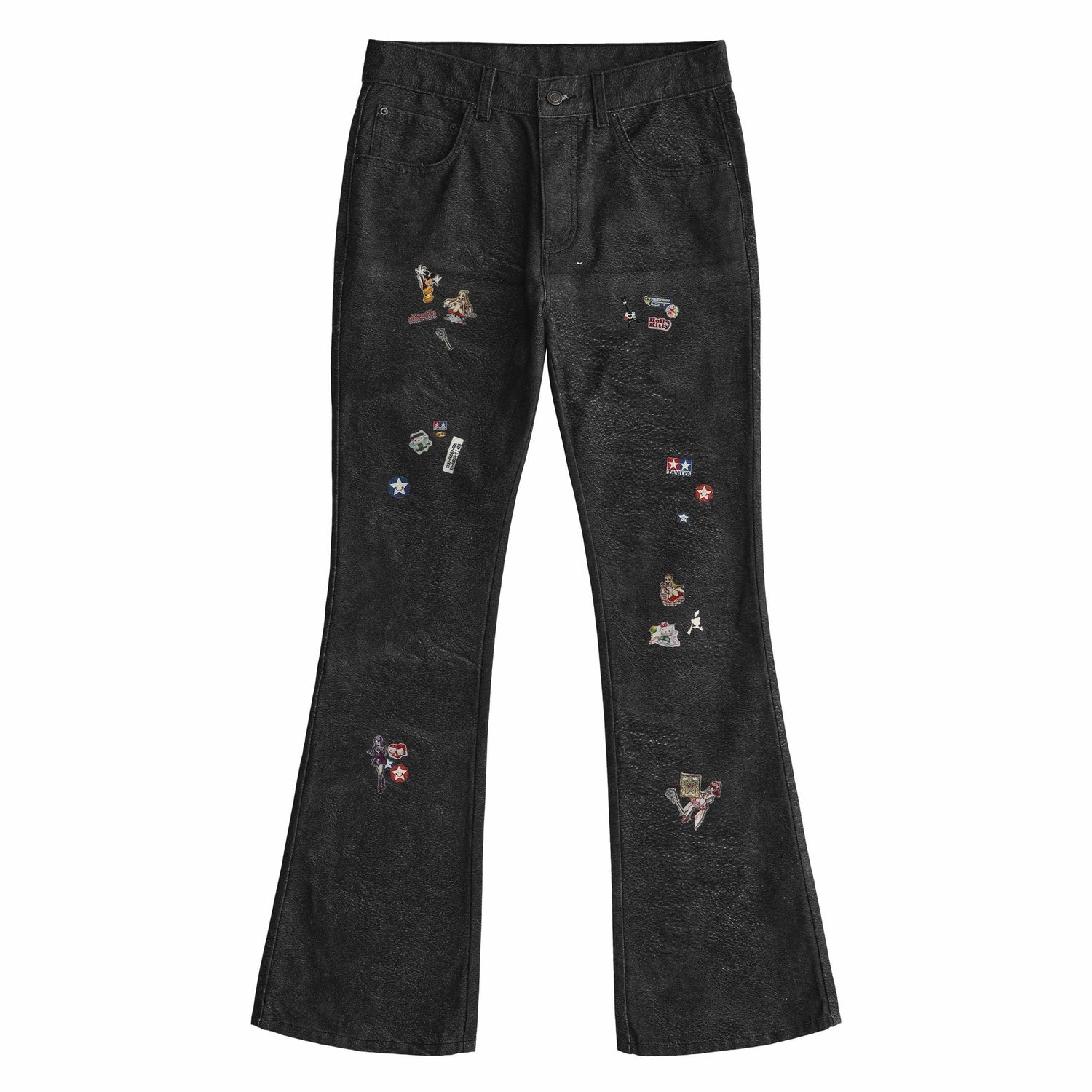 3D Printed Leather Stickers Flare Bootcut Trousers - Rick Circus