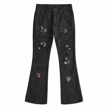 3D Printed Leather Stickers Flare Bootcut Trousers - Rick Circus