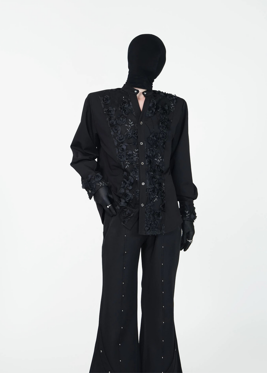 Black Rose Embossed Mandarin Collar Shirt