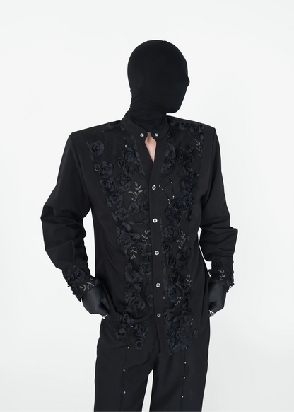 Black Rose Embossed Mandarin Collar Shirt