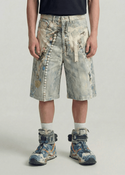 Art Print Denim Shorts - Rick Circus