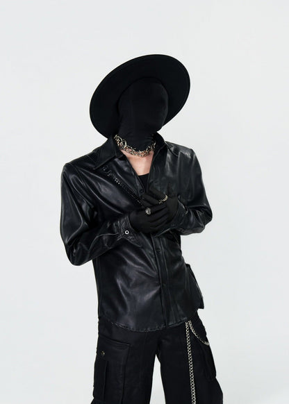 Black Biker Style Button Up PU Leather Shirt - Rick Circus