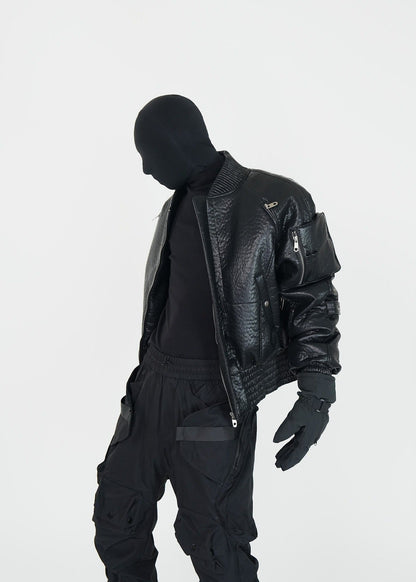 Black PU Padded Bomber Jacket - Rick Circus