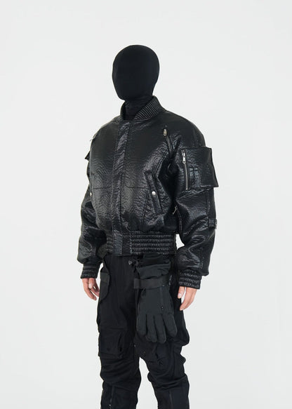 Black PU Padded Bomber Jacket - Rick Circus