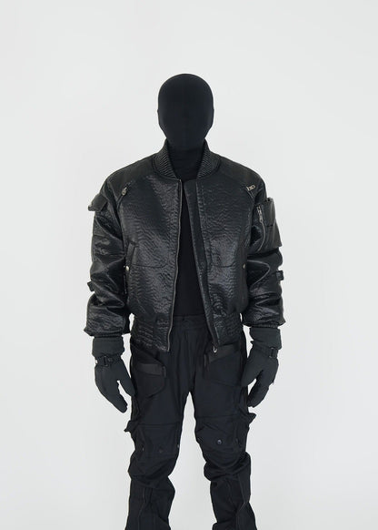 Black PU Padded Bomber Jacket - Rick Circus