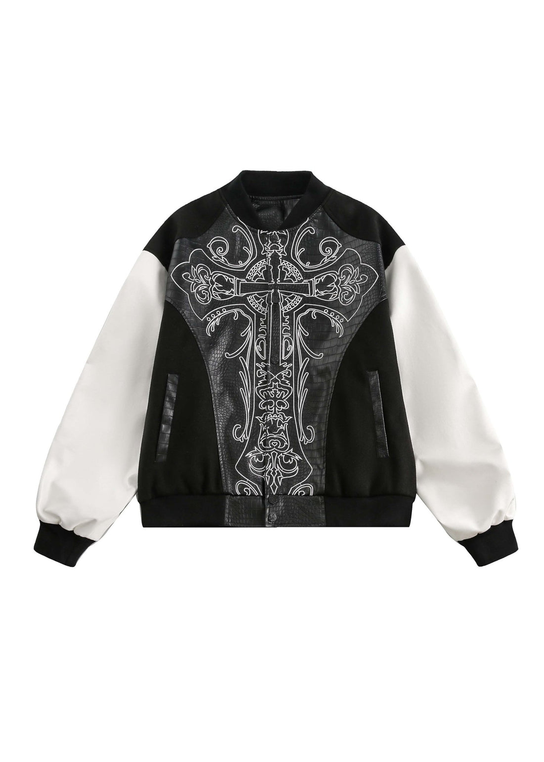 Black &amp; White Gothic Cross Varsity Jacket - Rick Circus