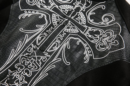 Black &amp; White Gothic Cross Varsity Jacket - Rick Circus