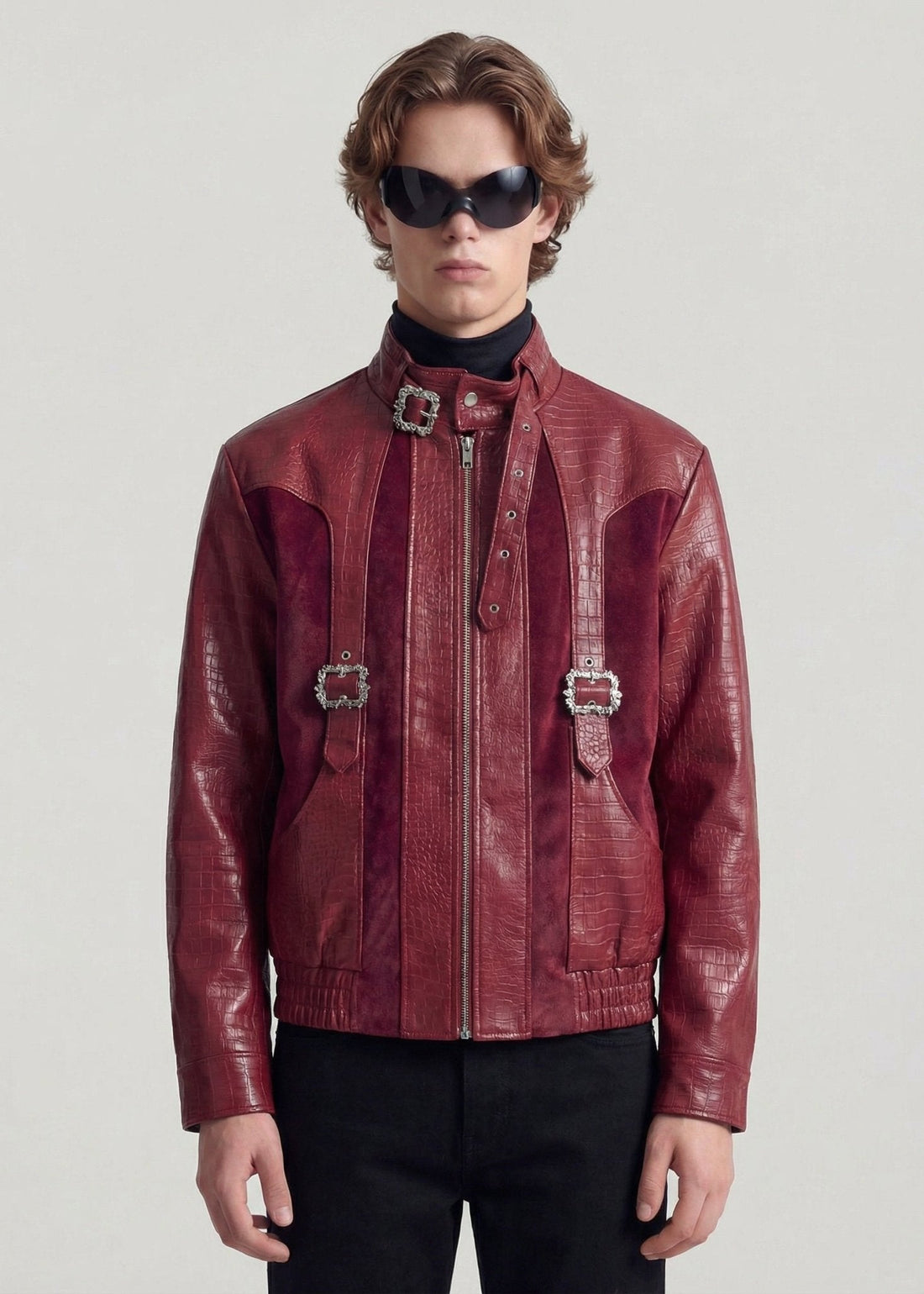 Burgundy Croc Texture Faux Leather Jacket - Rick Circus