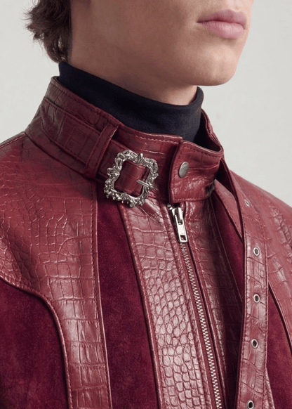 Burgundy Croc Texture Faux Leather Jacket - Rick Circus