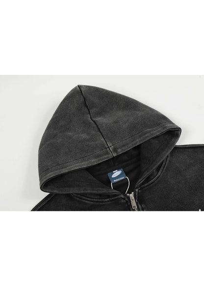 Dark Streetwear Washed Zip - Up Hoodie Jacket - Rick Circus