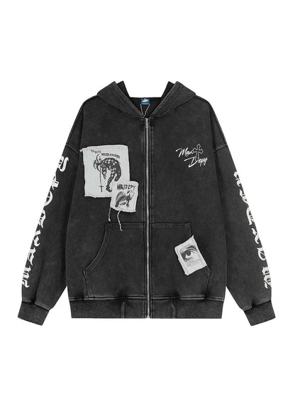Dark Streetwear Washed Zip - Up Hoodie Jacket - Rick Circus
