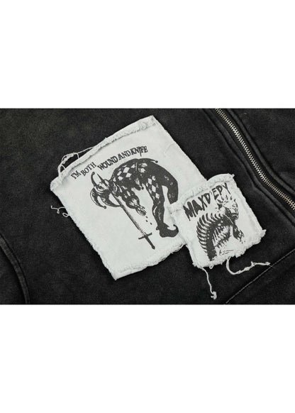 Dark Streetwear Washed Zip - Up Hoodie Jacket - Rick Circus