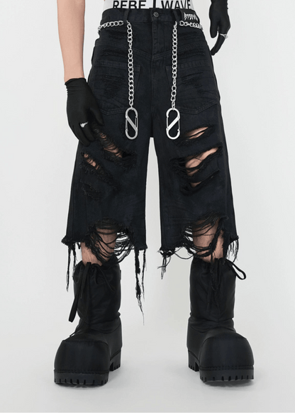 Distressed Fringed Chain Denim Shorts - Rick Circus